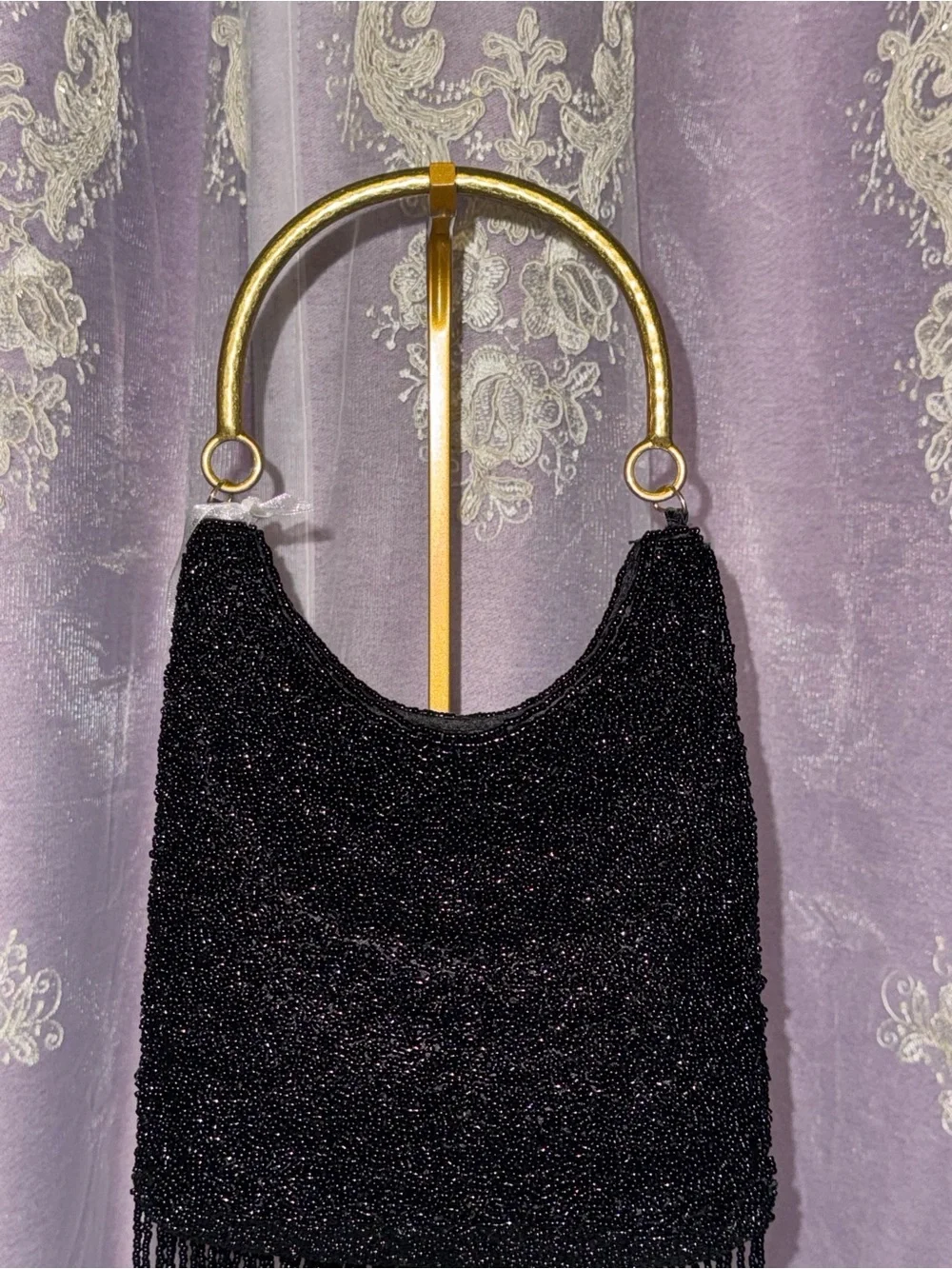 NWT “From India to You” Hand Beaded Black Fringe Evening Bag - Gold Metal Handle